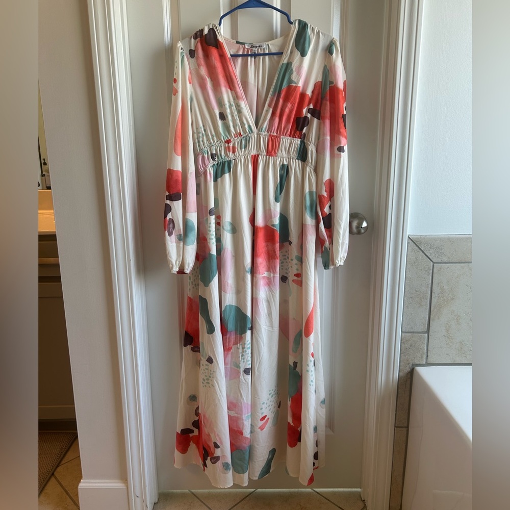 SUMMER SALE Women’s Floral Abstract Maxi Dress - Cream with Coral & Teal - Large - Picture 3 of 4